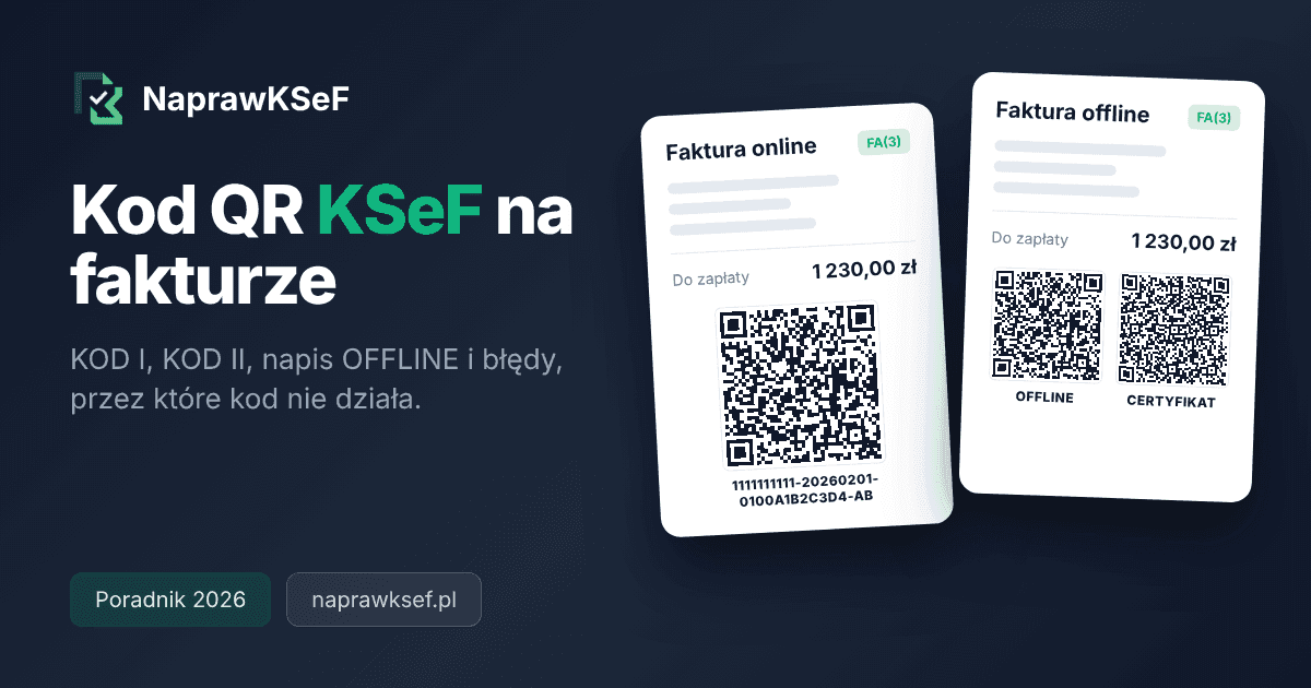 Wizualizacja faktury KSeF z kodem QR i numerem KSeF oraz faktury offline z kodami OFFLINE i CERTYFIKAT
